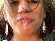 Shemale jizzes and eats cum outdoor